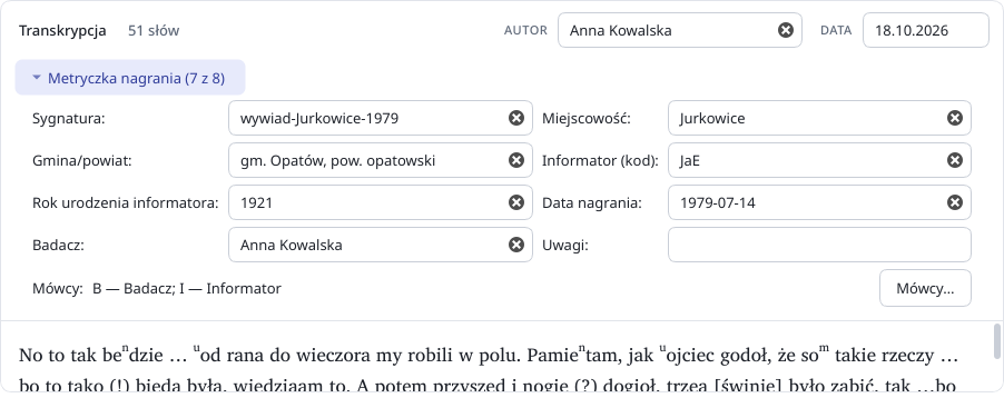 Metryczka nagrania: sygnatura, miejscowość, gmina, informator, rok urodzenia, data nagrania i badacz